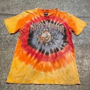 Vintage Harley Davidson Hog Skull Flame Carroll Iowa Shirt Mens Medium Tie Dye